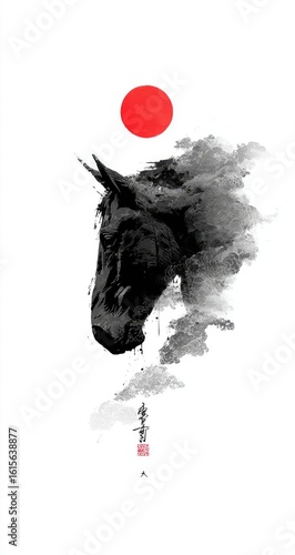 Ink wash horse portrait with red sun