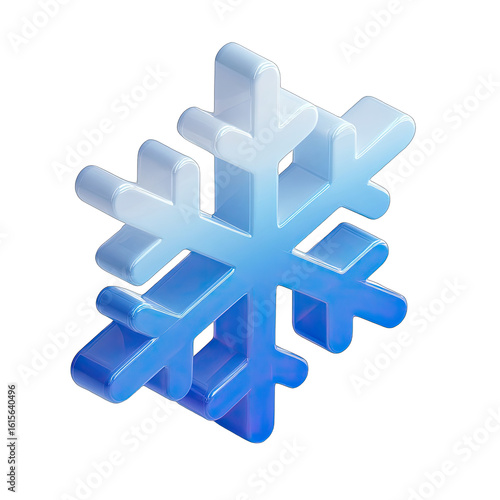 3D stylized snowflake icon, shades of blue and white