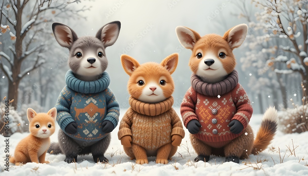 Naklejka premium Adorable animals in cozy sweaters enjoy winter wonderland