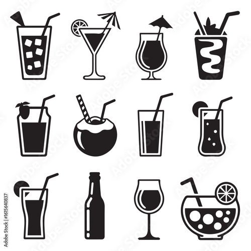 Vector art of a diverse collection of twelve stylized black and white icons representing various refreshing alcoholic and nonalcoholic beverages in glasses