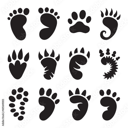 Vector art of a diverse set of animal and human footprints and paw prints, showcasing various animal tracks and human steps