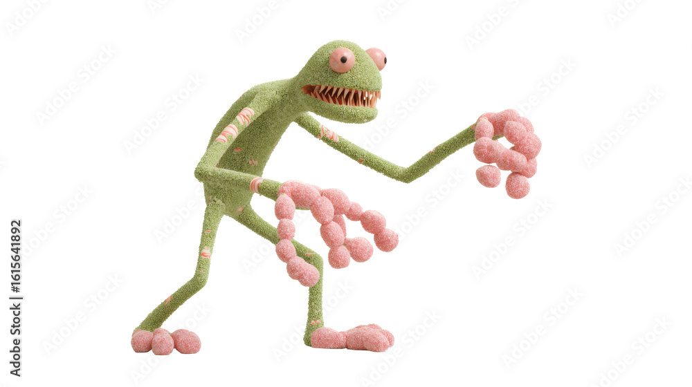 Naklejka premium A quirky green monster with candy limbs and an expressive face on a black backdrop.