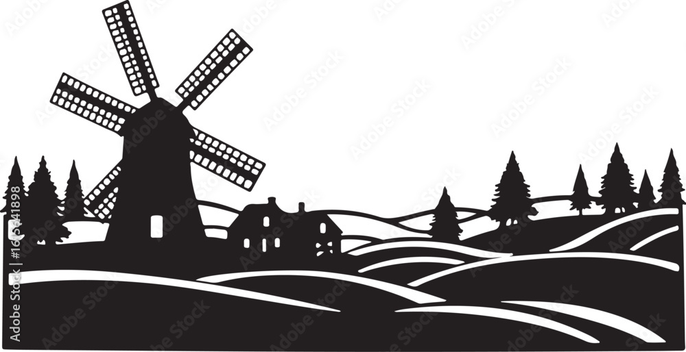 Obraz premium Rural Windmill Landscape Silhouettes