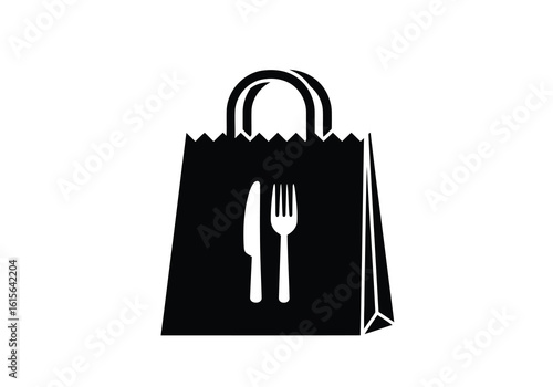 Vector art of black paper bag with fork and knife icon for food delivery