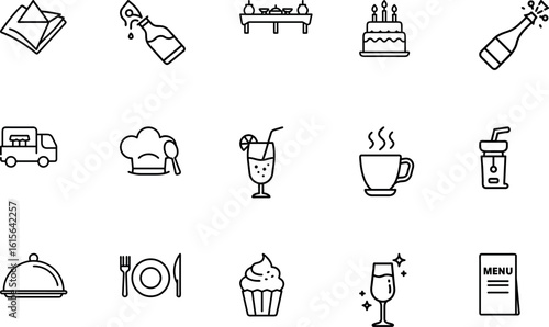 Minimalist food, drink, and catering icon set for events and hospitality use