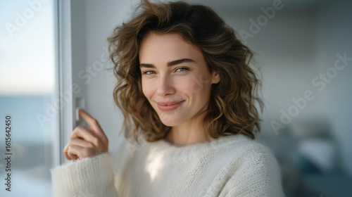 Free Download A young woman in a cozy Scandinavian apartment gently touching a modern light switch on a white wall, warm sunlight streaming through the window, calm and peaceful expression on he - GFXLoad
