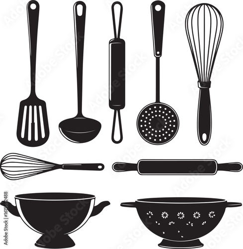 Black silhouette kitchen utensils and bowls on white background