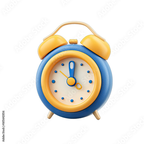 A colorful, cartoon-style alarm clock.  It's blue with yellow accents.  The time is displayed
