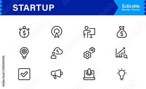 Startup Icon Set Featuring Business Launch, Innovation, Growth, and Entrepreneurship Symbols in Vector Style