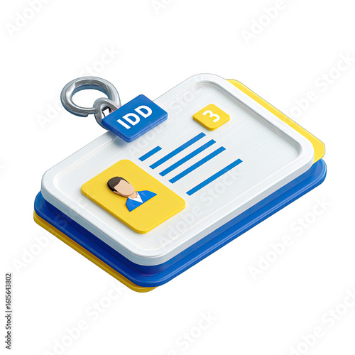 3D isometric illustration of a stylized identification badge.  A person's silhouette is featured in a yellow oval.  The badge is white with blue and yellow accents.  It's attached to a chain