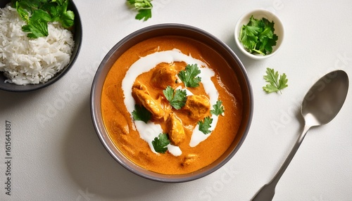 beautiful top view of butter chicken curry with swirl of cream and garnished with fresh coriander on a light background