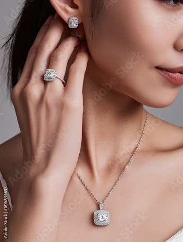 Elegant Woman Wearing Luxurious Diamond Jewelry Set on Neutral Background
