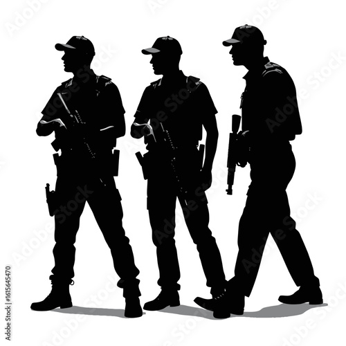 Soldiers or special forces team vector silhouette illustration Armed tactical group with rifles for military security or police concepts