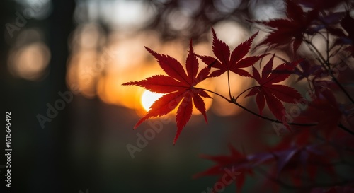 Red autumn leaves against a sunset sky with beautiful light