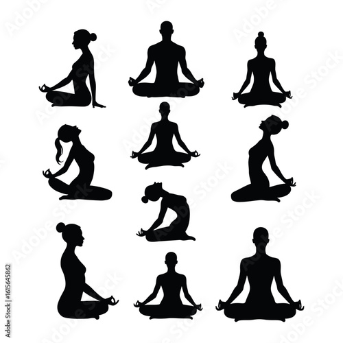 Set of meditation and yoga poses vector silhouettes Black icons of people in seated lotus positions for fitness wellness and zen concepts