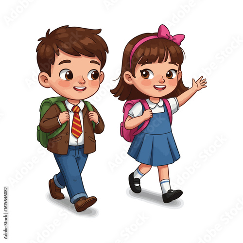 Two adorable cartoon children, a boy and a girl, are depicted in school uniform, walking towards school.