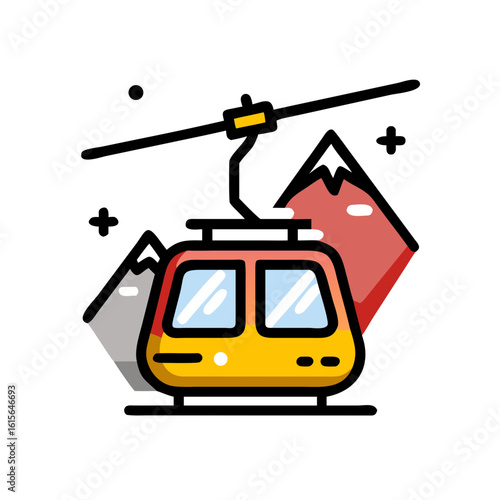 Illustration of a yellow gondola lift with mountains in the background against a white backdrop scene
