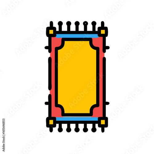 Illustration of a rectangular prayer rug with tassels and a yellow center on a white background