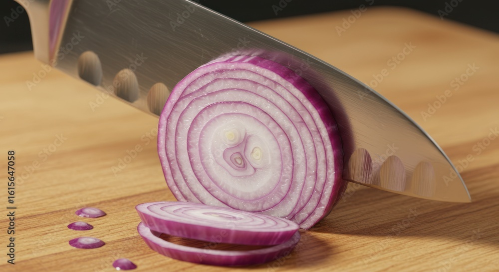 Red onion being sliced with a knife on a wooden chopping board Red onion being sliced with a knife on a wooden chopping board