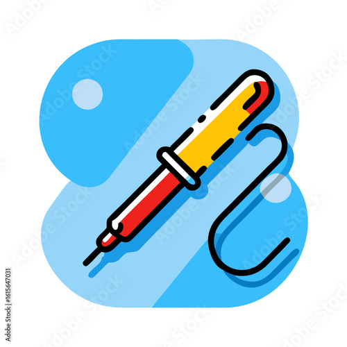 Illustration of a soldering iron with a yellow handle red body and black cord on a blue background