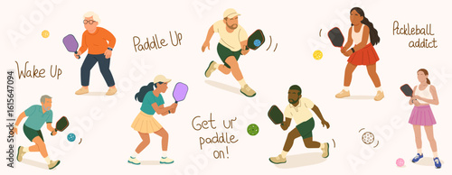 Hand-drawn illustration of diverse people playing pickleball with handwritten phrases and colorful paddles and balls