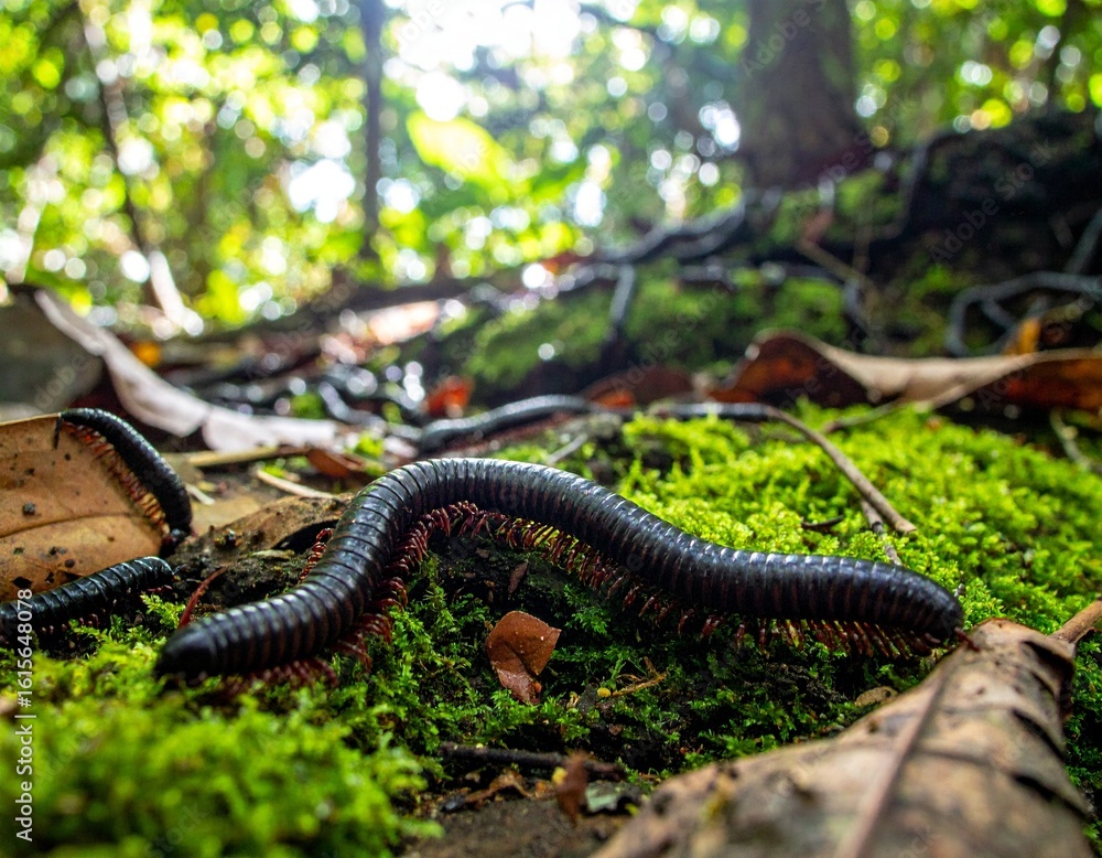 Obraz premium Millipede in a Forest: An intimate perspective of a millipede on mossy terrain. Focus on the detailed anatomy of the creature and the lush forest environment.