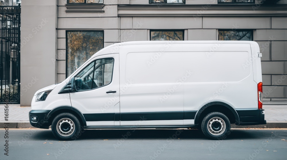 Delivery van stands parked on city street during the day. Nearby buildings provide an urban backdrop, enhancing the focus on transportation and logistics Delivery van stands parked on city street during the day. Nearby buildings provide an urban backdrop, enhancing the focus on transportation and logistics