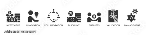 Innovative Business Growth Icons set vector illustration glyph with Investment, Innovation, Collaboration, Discount, Business, Validation, Management