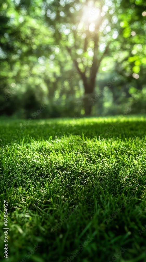 Naklejka premium Fresh Green Grass in Sunlight with Forest Background