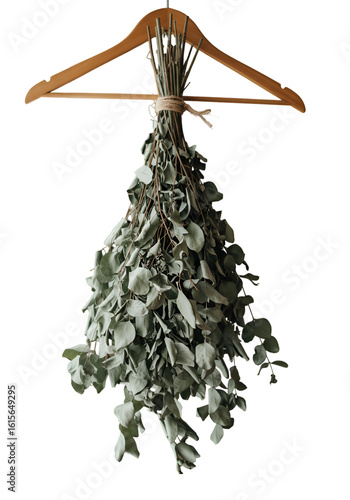 Isolated Green Leaves Bundle Hanging On Wooden Hanger Photo