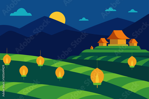 lanterns crossing rice field