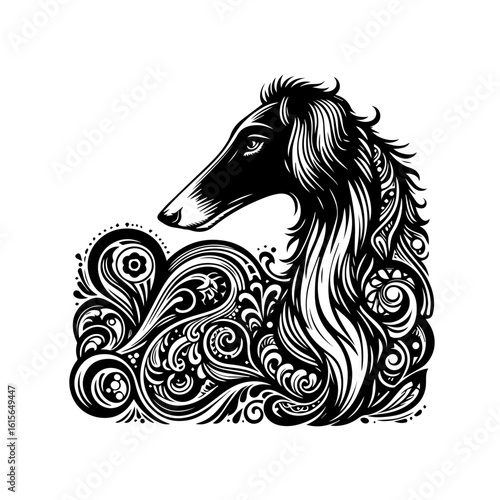 Elegant Black and White Borzoi Dog with Ornate Swirls and Floral Motifs.