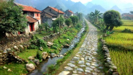 Crédence de cuisine  Cobblestone path winds through a rural village.  © dede