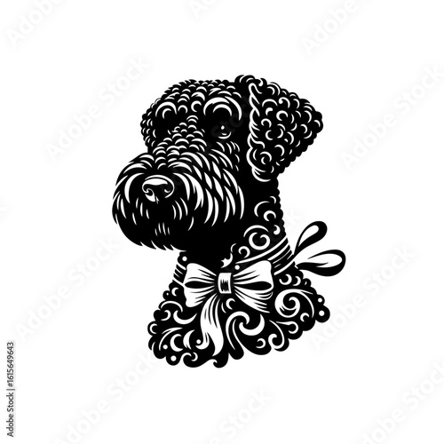 Elegant Black Schnauzer Portrait with Ornate Swirls and Bow Tie.