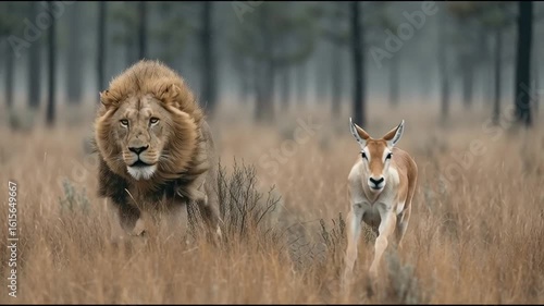 A lion chases a gazelle in the forest 91_51 1_4K_10s