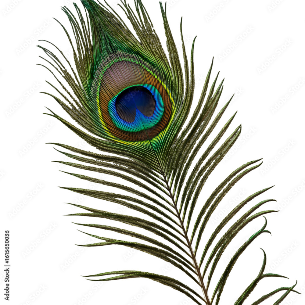 Fototapeta premium Isolated Peacock Feather On Black Background Detailed Colorful Close Up Photo