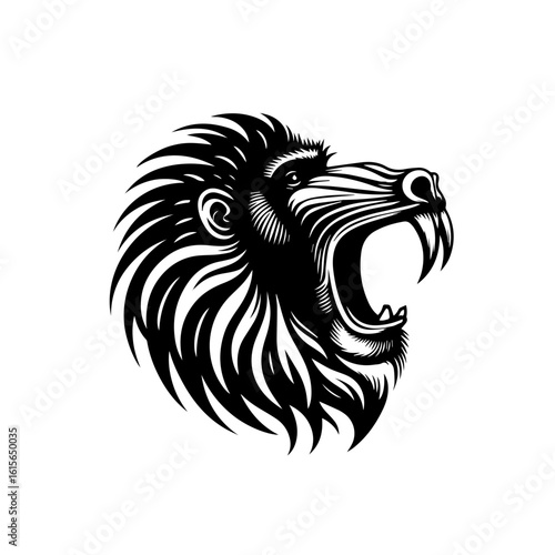 Fierce Baboon Head with Open Mouth and Sharp Fangs Stylized Black and White Illustration.