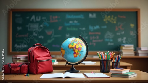 School supplies on a classroom table with a globe and chalkboard.