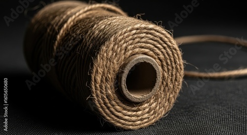 Natural Jute Twine Roll Close Up Against Dark Background