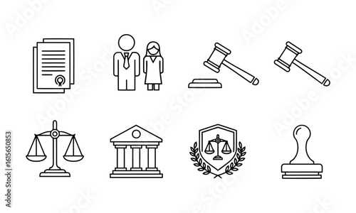 Legal icons show courthouse, documents, judge gavel, and family law solutions