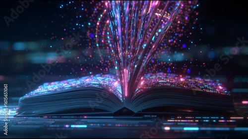 A glowing digital marketing playbook flipping upside down, pages breaking into streams of AI data, cyberpunk neon, cinematic, 16_9 91_51 --motion low 1 1_4K_10s