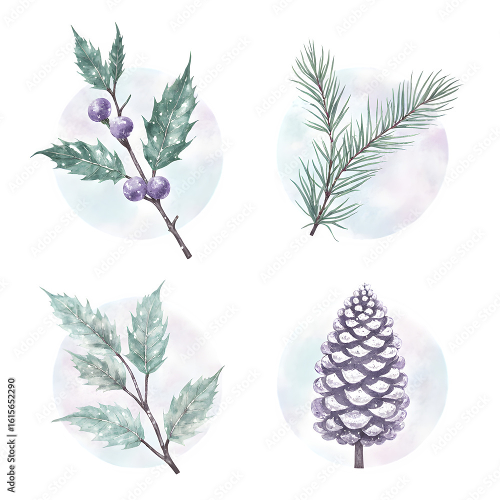 Obraz premium Watercolor set of 4 festive greenery elements: holly with berries, snowy pine, eucalyptus twig, and glittered fir cone