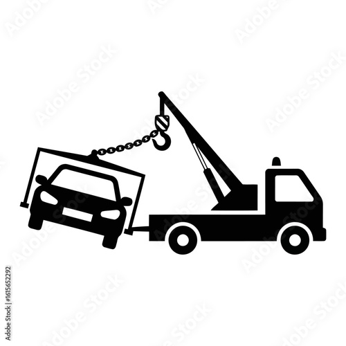 Vector art of a black tow truck is lifting a damaged car, providing roadside assistance after an accident