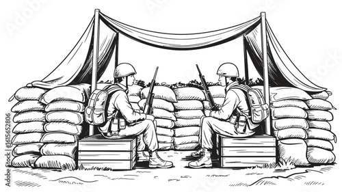 Two Soldiers in Trench, Armed and Ready, in Black and White Engraving Style Illustration 
