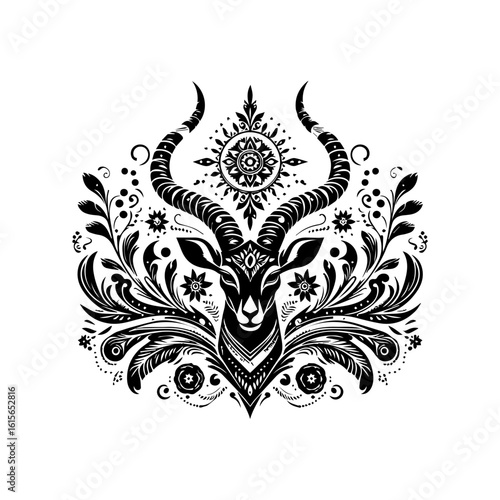 Intricate Black Silhouette of an Antelope Head with Ornate Floral Embellishments.