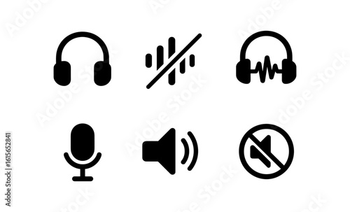 Audio and sound icons set featuring headphones, microphone, and volume controls in silhouette style