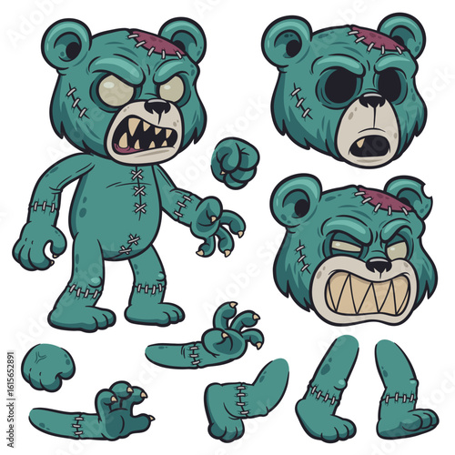 Cartoon Zombie Bear Character Set – Angry Expressions and Separated Body Parts for Animation