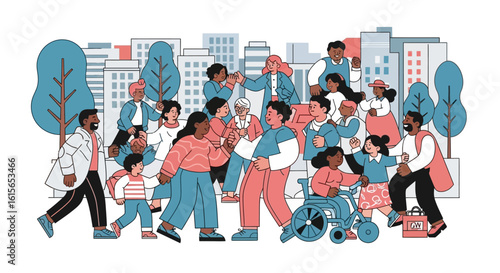 Diverse group of people walking in a city representing community and inclusion
