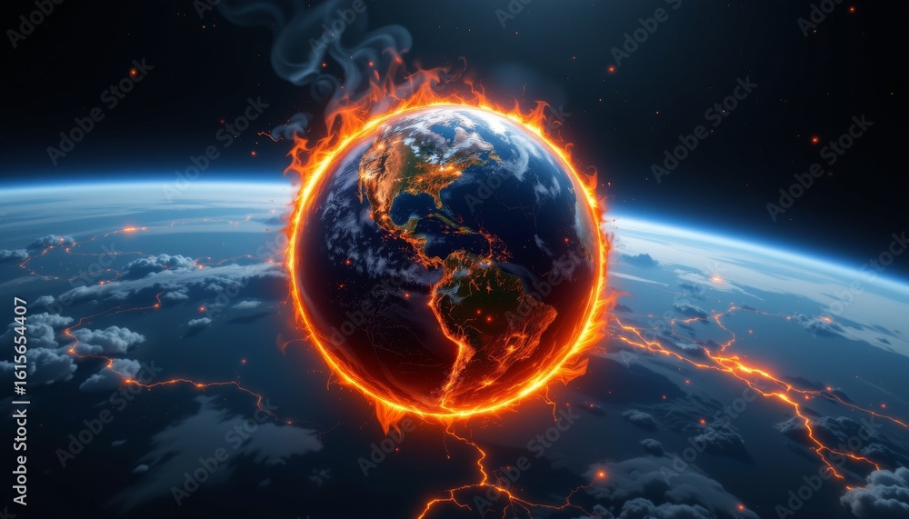 Obraz premium Burning earth globe engulfed in flames outer space digital artwork sci-fi environment aerial view climate change concept