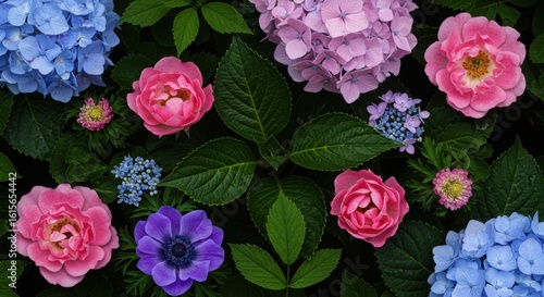 Overhead view of a macro floral composition with roses, anemones, hydrangeas, green foliage, and scattered dewdrops – Aesthetic flower texture